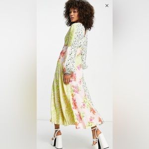 NWT ASOS Satin Mixed Print Floral Pastel Bias Cut Long Sleeve Midi Dress Size 8